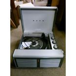 Bush vintage portable gramophone in two-tone grey case and a quantity of L.P's Condition: