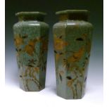 Pair of late 19th Century Japanese earthenware hexagonal vases, each having gilt lacquered