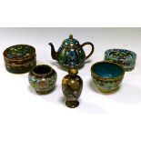 Collection of late 19th Century Japanese cloisonné comprising: teapot, two boxes and covers, two