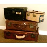 Vintage leather suitcase, one other similar cardboard suitcase, lady's vanity case and a vintage hat