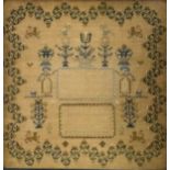 George III needlework sampler decorated with figures, animals and foliage and with verse 'Art has
