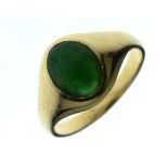 Green oval agate set dress ring, the shank stamped '14ct', size P Condition: