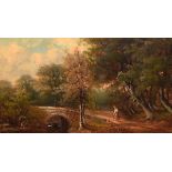George Harris - Pair of oils on board - Rural landscapes with figures on bridges, each signed,