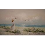 Late 20th Century oil on canvas - Lady looking out to sea, framed Condition: