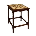 Pietra-dura square topped chess table, the mahogany base raised on turned tapered supports united by