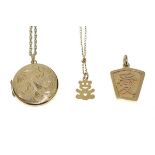 9ct gold circular engraved locket on chain and a 9ct gold Chinese symbol pendant, the reverse with