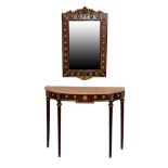 Reproduction mahogany finish marble top demi lune side table with en-suite rectangular framed mirror