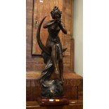 Late 19th Century French bronzed spelter figure depicting a maiden seated on a crescent moon, titled