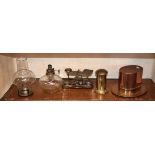 Brass and copper top hat, postage scales, money box and an oil lamp Condition: