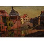 Continental School - Oil on canvas laid on board depicting a Flemish town scene with canal,