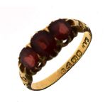 18ct gold dress ring set three graduated garnets, size Q Condition: