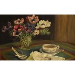 M.G. Turner - Oil on board - Still life with anemones, tea and cigarette, unsigned, labelled to