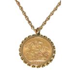 Gold Coin - Victorian sovereign, 1892 within a hallmarked 9ct gold mount and chain Condition: