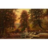 George Harris - Pair of oils on board - Wooded landscapes with figures at a river, each signed,