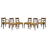 Set of six Regency brass inlaid mahogany dining chairs, each having a spiral twist back bar, stuffed