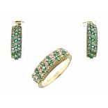 Diamond and emerald ring and earring set, the ring hallmarked 18ct gold, the earrings with