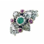 Victorian style emerald, diamond and ruby cluster ring, unmarked, size O½, 3.7g gross Condition: The