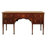 George III satinwood crossbanded and inlaid mahogany kneehole sideboard fitted five drawers with