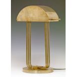 WMF plated brass table lamp having a demi lune shade supported by triple bar supports, circular