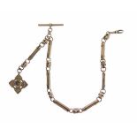 Watch chain, tagged '9ct', of fancy trombone links, with a swivel and T-bar, 35cm long, with a 9ct