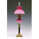Victorian oil lamp having a small pink satin glass reservoir with wrythened decoration, standing