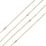 Long chain of wheatsheaf links punctuated by fancy twist links, stamped '9ct' to the bolt ring,