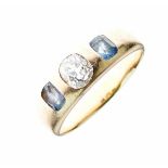 Diamond and sapphire three stone ring, unmarked, the old cut brilliant of approximately 0.5