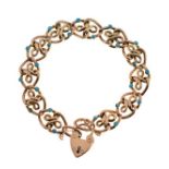 Early 20th Century turquoise bracelet, stamped '9ct', the hollow oval links with a fancy knotted