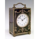 George V silver and tortoiseshell cased carriage clock, having inlaid ribbon and swag decoration,