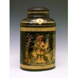 Late 19th Century toleware tea canister decorated with a Chinese gentleman within gilt and black