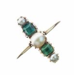 Victorian emerald and split pearl ring, set along the finger, size M½, 2.1g gross, cased (pearls