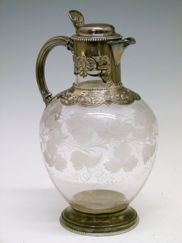 Victorian foliate engraved glass and silver claret jug, the pierced mounts hallmarked for William - Image 4 of 7