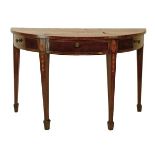 George III inlaid mahogany demi lune side table, the top with fan shaped inlay and burrwood banding,