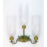 19th Century brass three branch wall mounted candle lamp having acanthus scroll decoration and