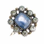 Late Victorian sapphire and diamond cluster ring, the rectangular native cut stone, approximately