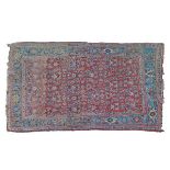 Middle Eastern rug having stylised foliate decoration on a red ground within multi borders, 220cm