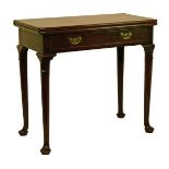 George III mahogany rectangular top fold over supper table fitted one long drawer to the frieze