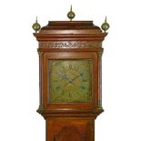 George III oak longcase clock by John Bown of Matlock, the hood with pagoda top, blind fret