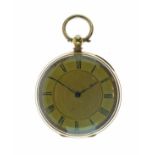 Fob watch, stamped '18k', the circular gold coloured dial with black Roman numerals and hands, the