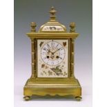 Late 19th Century brass cased Aesthetic School mantel clock, having pottery dial and panels having