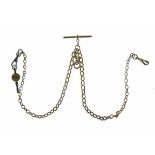 Watch chain, of graduated oval links, with T bar and two swivels, one is metal, 42cm long, 38g