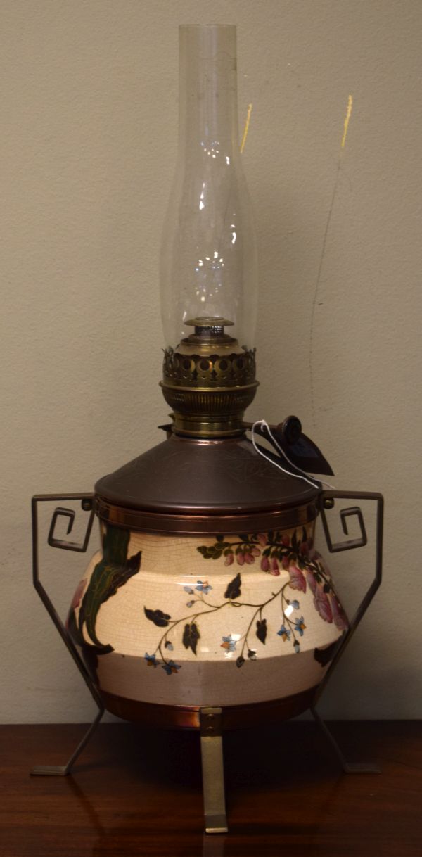 Late 19th Century Defries & Sons Aesthetic School pottery oil lamp having foliate decoration on an