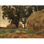 Early 20th Century oil on panel - Haystacks, within an ebonised frame Condition: