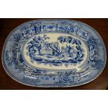 19th Century English blue and white transfer printed oval meat dish decorated with Chinese boys at