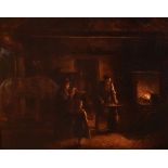 Late 19th/early 20th Century oil on canvas - Blacksmiths Forge with figures and horse, within a gilt