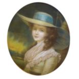 Oval pastel - Portrait of a 19th Century lady wearing a wide brimmed hat, unsigned, framed and