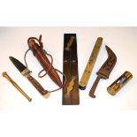 Various items including; brass faced spirit level, parallel rule, sheath knives, brass cased egg