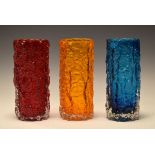 Three Whitefriars glass 19cm Bark vases in Kingfisher Blue, Ruby and Tangerine Condition: