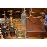 Large quantity of decorative brass, copper, ceramics including table lamps, warming pans etc