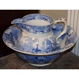 19th Century English blue and white transfer printed pottery jug with similar basin Condition:
